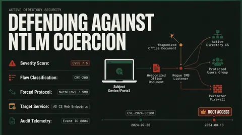 Threat intelligence dossier detailing CVE-2024-38200 NTLM coercion mechanics, key protocol metrics, and Active Directory defense layers.