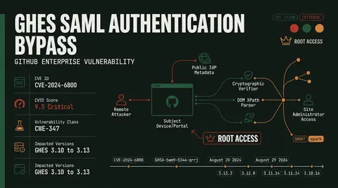 Threat dossier infographic detailing CVE-2024-6800 in GitHub Enterprise Server, showing a 9.5 CVSS score, SAML signature wrapping attack vector, and affected versions.