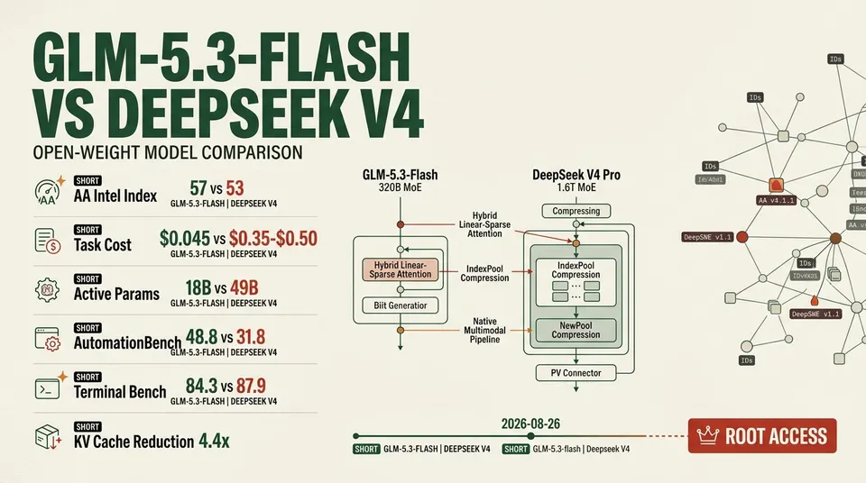 Technical dossier infographic comparing GLM-5.3-Flash against DeepSeek V4 across intelligence benchmarks, active parameter counts, and API token economics.