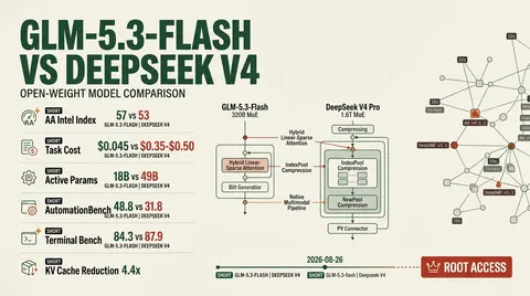 Technical dossier infographic comparing GLM-5.3-Flash against DeepSeek V4 across intelligence benchmarks, active parameter counts, and API token economics.