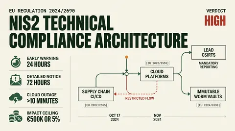 Technical compliance dossier outlining NIS2 and Commission Implementing Regulation 2024/2690 reporting limits, core architectural domains, and critical notification timeframes.