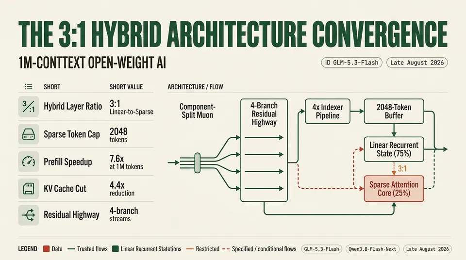 Architectural breakdown diagram showing the 3:1 linear-to-sparse hybrid attention layout, four-branch residual highway, and 2048-token context indexer shared by GLM-5.3-Flash and Qwen3.8-Flash-Next.