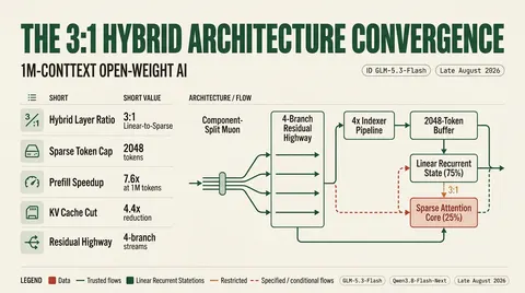 Architectural breakdown diagram showing the 3:1 linear-to-sparse hybrid attention layout, four-branch residual highway, and 2048-token context indexer shared by GLM-5.3-Flash and Qwen3.8-Flash-Next.