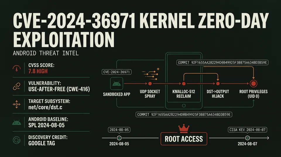 Threat intelligence dossier for CVE-2024-36971 detailing CVSS 7.8 rating, use-after-free vulnerability in the Linux destination routing cache, and exploit progression to root.