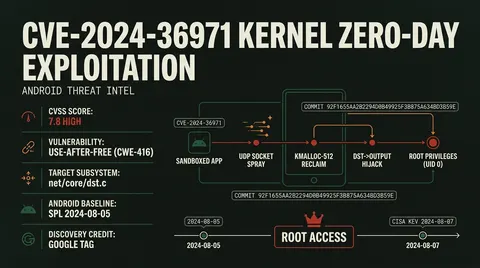 Threat intelligence dossier for CVE-2024-36971 detailing CVSS 7.8 rating, use-after-free vulnerability in the Linux destination routing cache, and exploit progression to root.