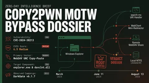 Technical dossier infographic detailing the Copy2Pwn CVE-2024-38213 Windows SmartScreen Mark of the Web bypass vulnerability, showing affected components, exploit mechanisms, and attack flow.