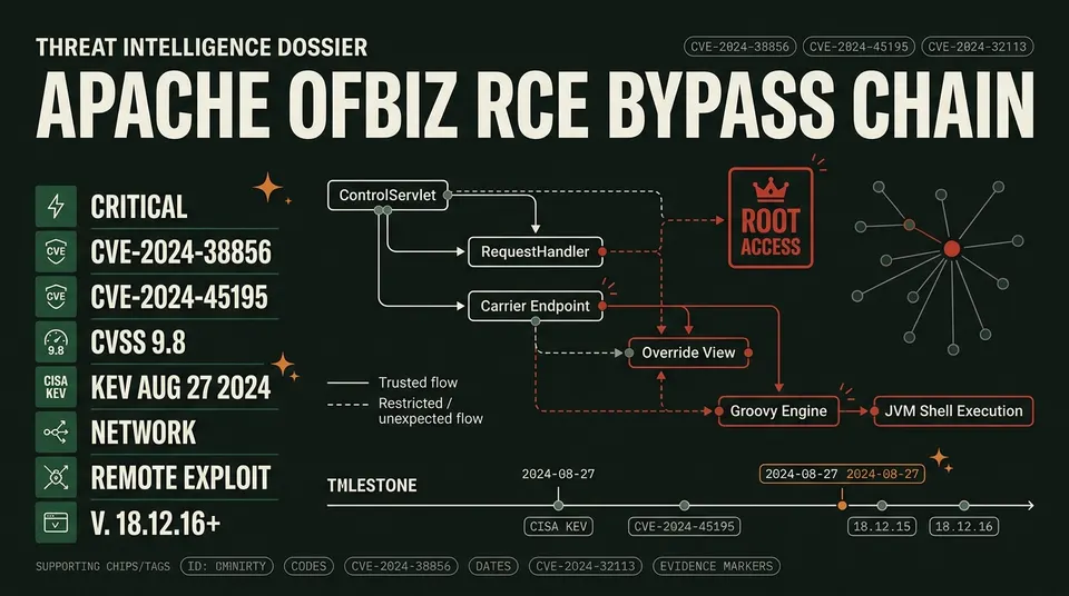 Threat intelligence dossier outlining the Apache OFBiz remote code execution vulnerability chain, CVSS scores, exploit mechanics, and patch timeline.