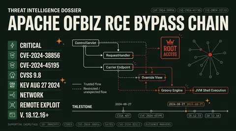 Threat intelligence dossier outlining the Apache OFBiz remote code execution vulnerability chain, CVSS scores, exploit mechanics, and patch timeline.