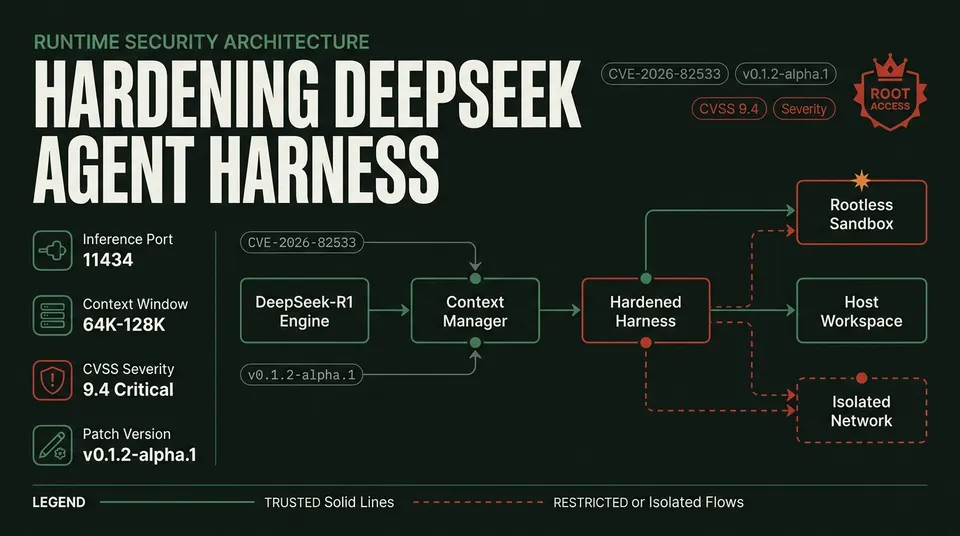 Technical architecture diagram of a hardened DeepSeek harness runtime showing the reasoning engine, context manager, rootless Docker sandbox boundary, and security controls mitigating CVE-2026-82533.