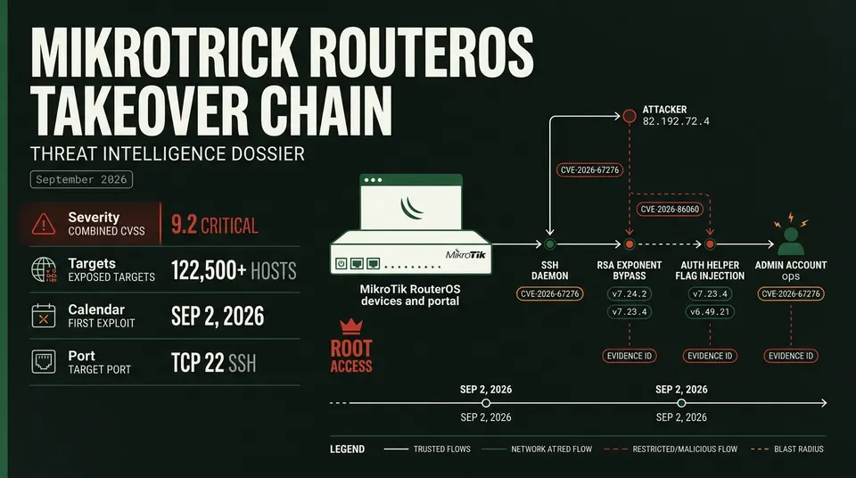 Threat intelligence dossier outlining the MikroTrick RouterOS exploit chain, highlighting CVE-2026-67276 and CVE-2026-86060, attack telemetry metrics, and root escalation stages.