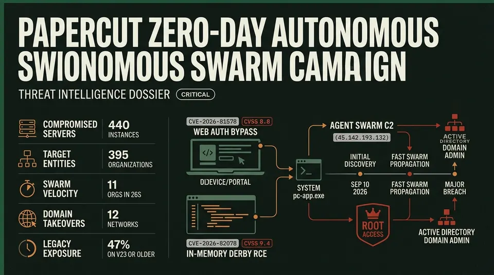 Threat intelligence dossier showing attack metrics and progression for the PaperCut CVE-2026-81578 and CVE-2026-82078 zero-day campaign, compromising 440 servers across 395 organizations.