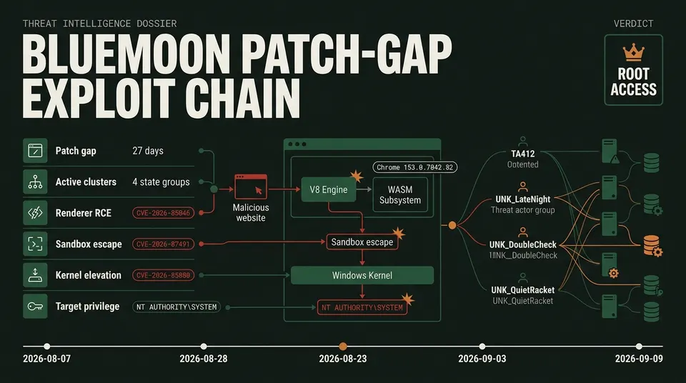 Threat intelligence dossier diagram summarizing the BlueMoon turnkey exploit kit, illustrating the three-stage vulnerability chain from Chrome V8 memory corruption to Windows kernel elevation, alongside threat actor adoption telemetry and key operational dates.