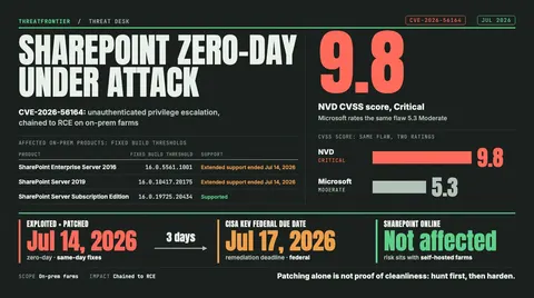 Data graphic: SharePoint zero-day CVE-2026-56164, scored 9.8 Critical by NVD against Microsoft's 5.3 Moderate for the same flaw, with the fixed build thresholds for SharePoint Server 2016 16.0.5561.1001 , 2019 16.0.10417.20175 and Subscription Edition 16.0.19725.20434 . A timeline shows exploitation and patches on Jul 14, 2026 and the CISA KEV federal due date of Jul 17, 2026, three days later; SharePoint Online is not affected, and the verdict reads: patching alone is not proof of cleanliness, so hunt first, then harden.