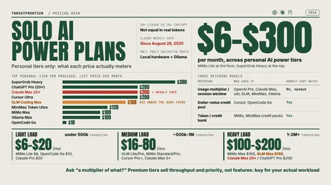 Data graphic: personal AI power plans run from $6 to $300 a month, with the top tier per provider at $300 for SuperGrok Heavy, $200 each for ChatGPT Pro 20× , Claude Max 20× plus weekly caps and Cursor Ultra, $168 for GLM Coding Max, $120 for MiniMax Token Ultra, $100 each for MiMo Max and Ollama Max, and $10 for OpenCode Go. By workload, under 500k tokens a month costs $6–$20, about 500k–1M costs $16–80 and 1–2M+ costs $100–$200, and only credit-pool and token-bank plans allow honest cost math.