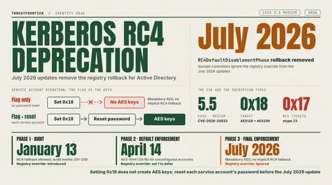 Data graphic: Kerberos RC4 deprecation, with July 2026 as the date the RC4DefaultDisablementPhase registry rollback is removed, set out as a three-phase rollout: audit on January 13, AES-SHA1 0x18 default enforcement on April 14 with an override that can be set to 1 to defer, and mandatory AES in July 2026 when the override is ignored. It adds CVE-2026-20833 CVSS 5.5 Medium , the 0x18 = AES128 + AES256 target against RC4 tickets etype 23 / 0x17 , and a warning that setting 0x18 without resetting the service account's password leaves the account with no AES keys.